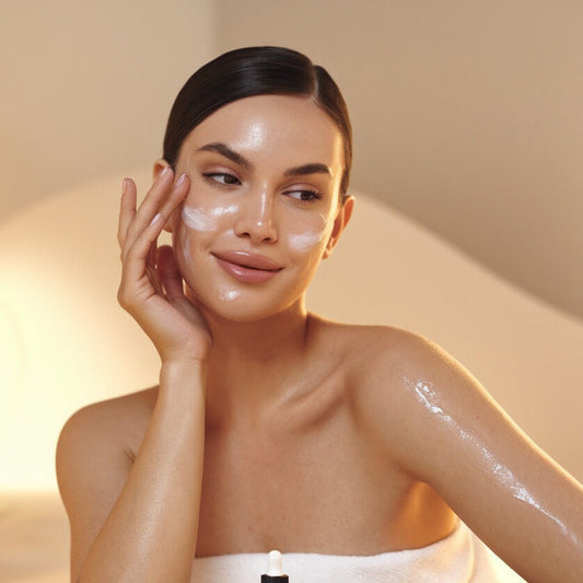 Mujer con piel radiante en un entorno de spa, rodeada de productos de skincare como crema y suero, destacando una rutina de cuidado facial