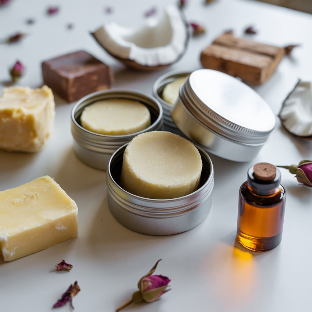 Cremas en barra en latas metálicas, rodeadas de ingredientes naturales como manteca de karité, coco, pétalos y aceite de argán, sobre fondo blanco limpio.