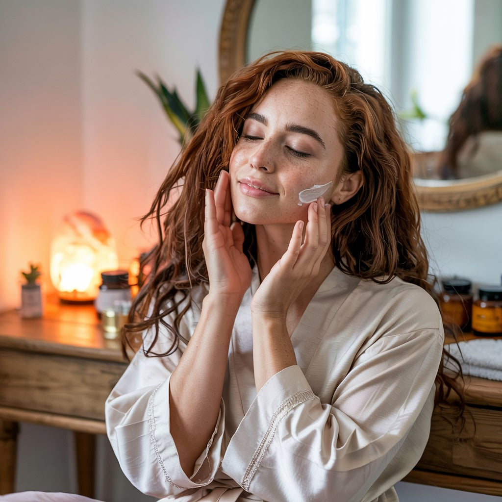 Mujer relajada realizando su rutina facial en un ambiente cálido y natural, simbolizando el autocuidado consciente y el bienestar emocional.