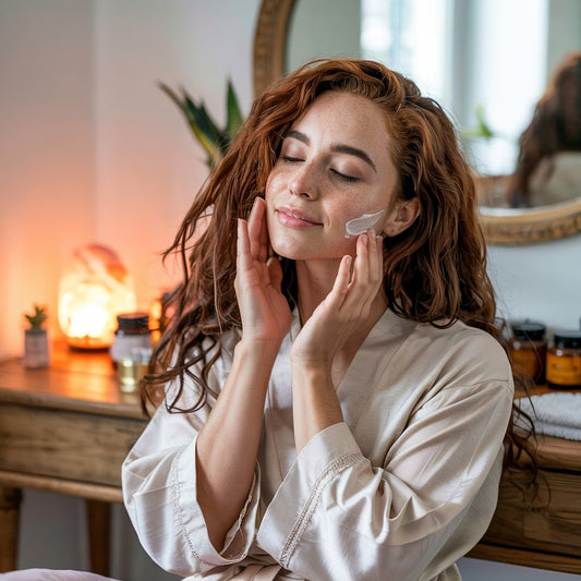 Mujer relajada realizando su rutina facial en un ambiente cálido y natural, simbolizando el autocuidado consciente y el bienestar emocional.
