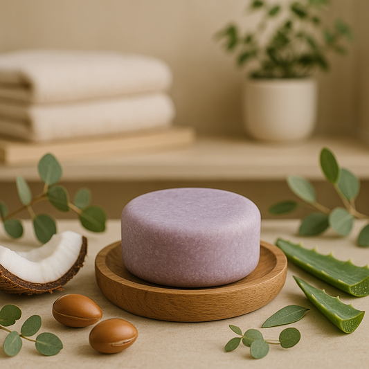 Shampoo en barra natural sobre platito de madera, con ingredientes botánicos y fondo de baño ecológico.