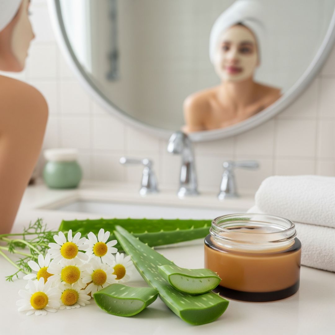 Mujer relajándose con mascarilla facial natural en un entorno tranquilo y botánico.